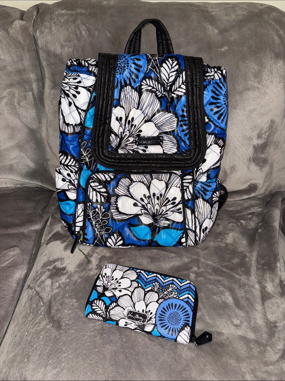 Vera Bradley Blue, White & Black Quilted Floral Backpack with Matching Wallet